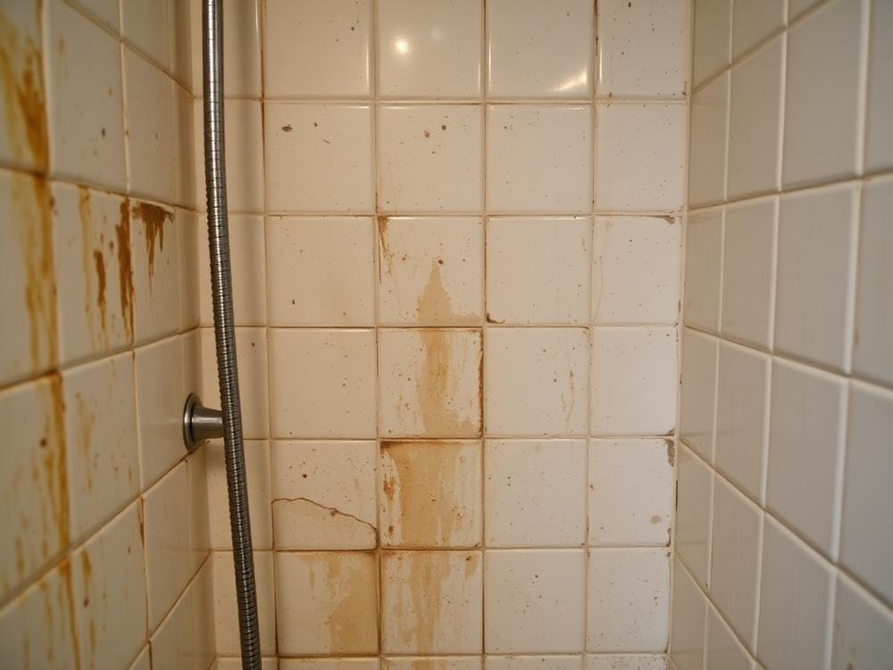 Shower tile with soap scum and staining before a move-out cleaning