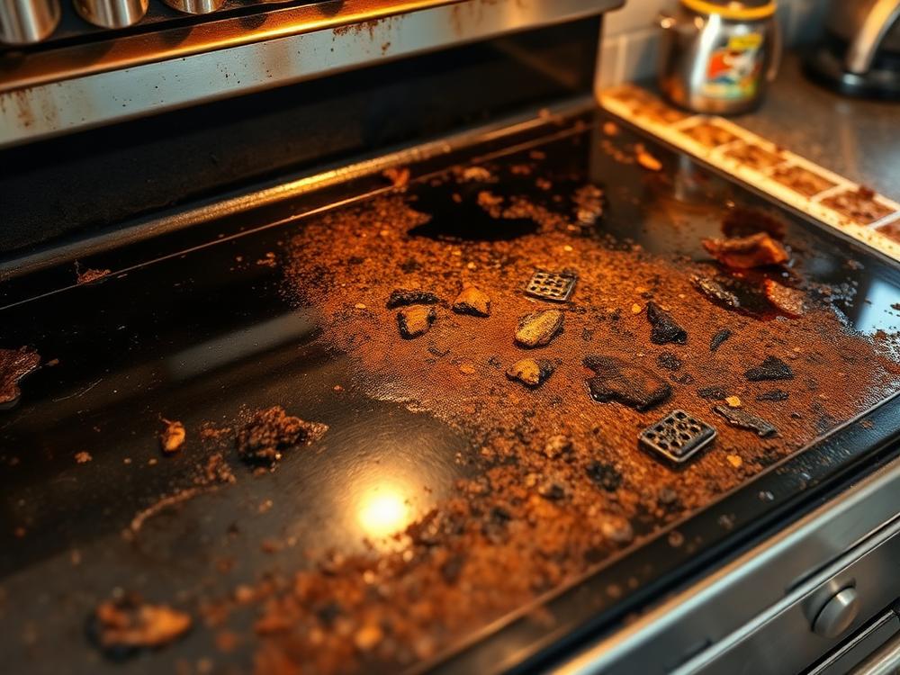 Greasy stovetop with burnt-on residue before a deep cleaning